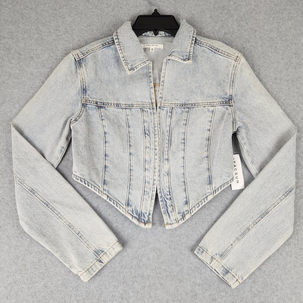 NWT PacSun Denim Jacket Women's Sz Small Shiloh Blue Cropped Corset Pointed Hem